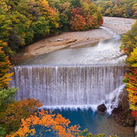 八幡平の紅葉と滝、黄葉に囲まれた秋の渓流の写真