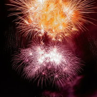 夜空に咲く大曲の打ち上げ花火、オレンジ色とピンク色の大輪の写真