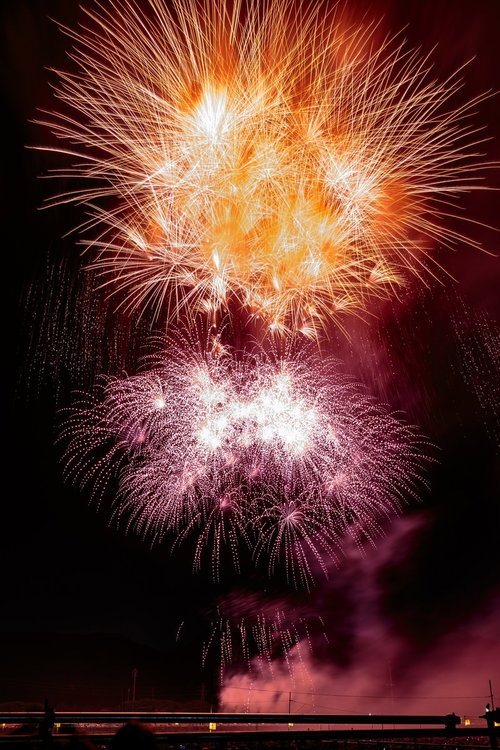 夜空に咲く大曲の打ち上げ花火、オレンジ色とピンク色の大輪