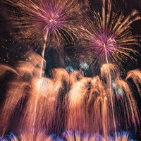 大曲の花火大会の速射連発花火の夜空を彩る黄金色とピンク色の光の写真