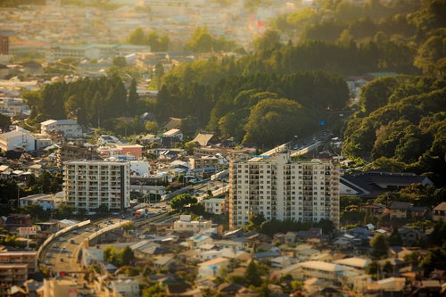 チルトシフト効果で撮影した盛岡市街のジオラマ風景