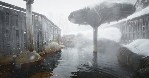 雪が舞う露天風呂（平湯プリンスホテル）