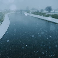 季節外れの雪が降る見沼田んぼの芝川とコンクリート護岸の写真