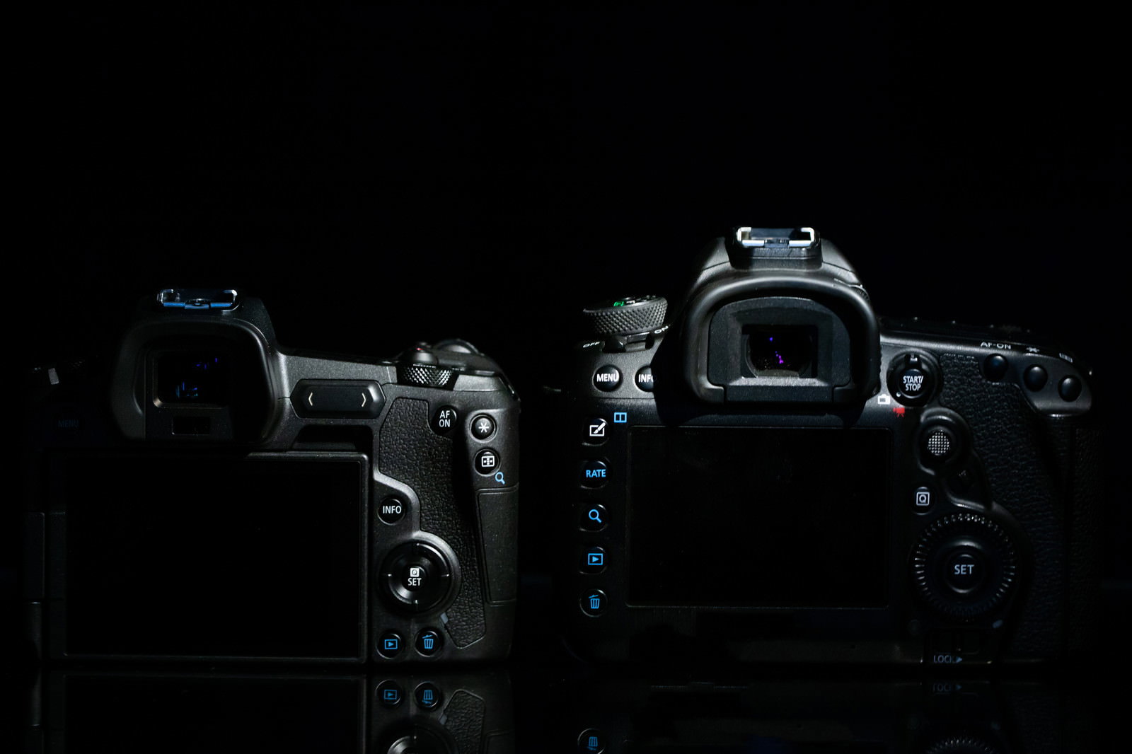 黒背景に並べられたCANON EOS Rと5D MarkⅣの背面比較