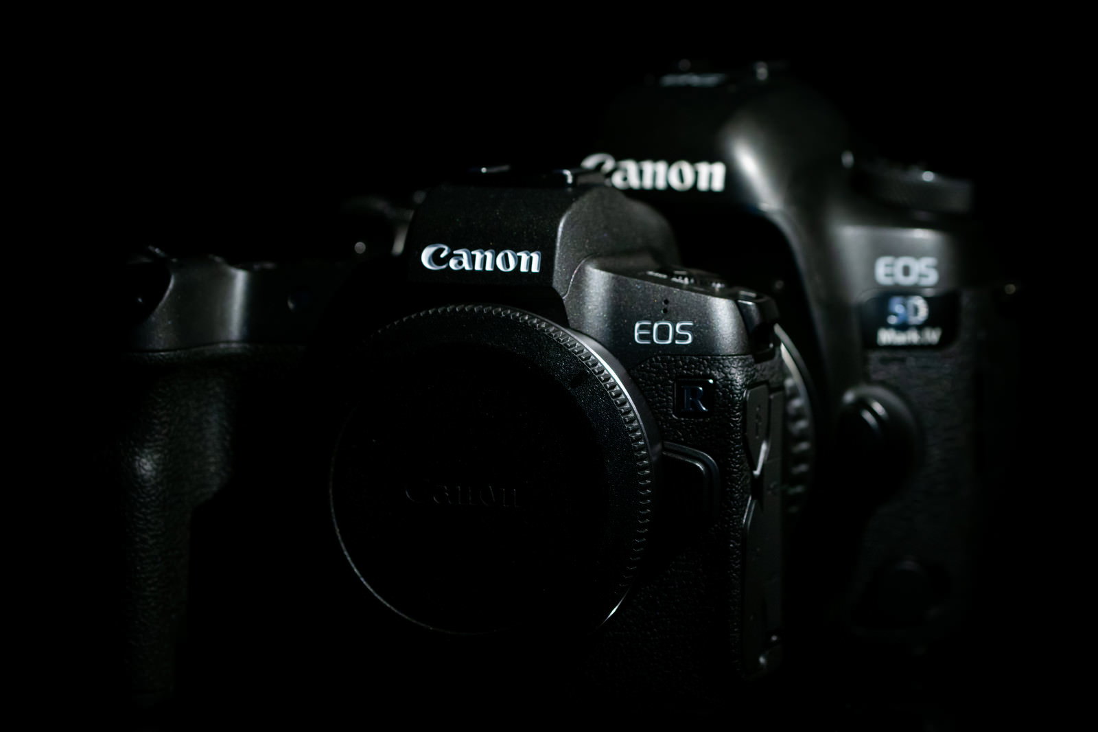 暗い背景に並んで置かれたCANON EOS Rと5D MarkⅣ