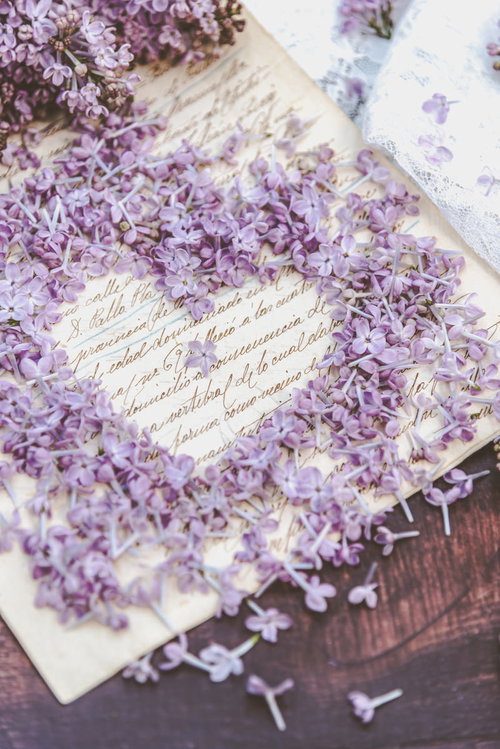 ハートの中心に置いたラッキーライラックと手紙