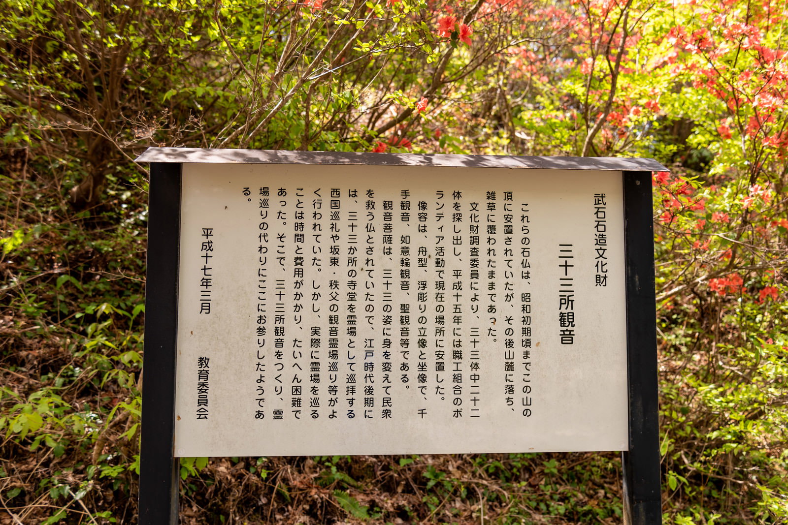 武石公園の解説板が紅葉した木々を背景に設置されている様子