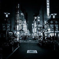 夜の銀座花椿通りの街並み、ネオン看板と街路灯が照らす都市風景の写真