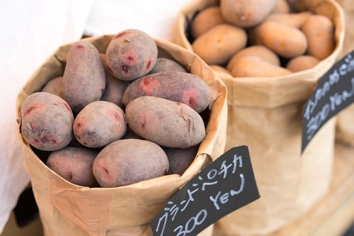 紫色の皮が特徴の紙袋一杯のグラウンドペチカ（じゃがいも）