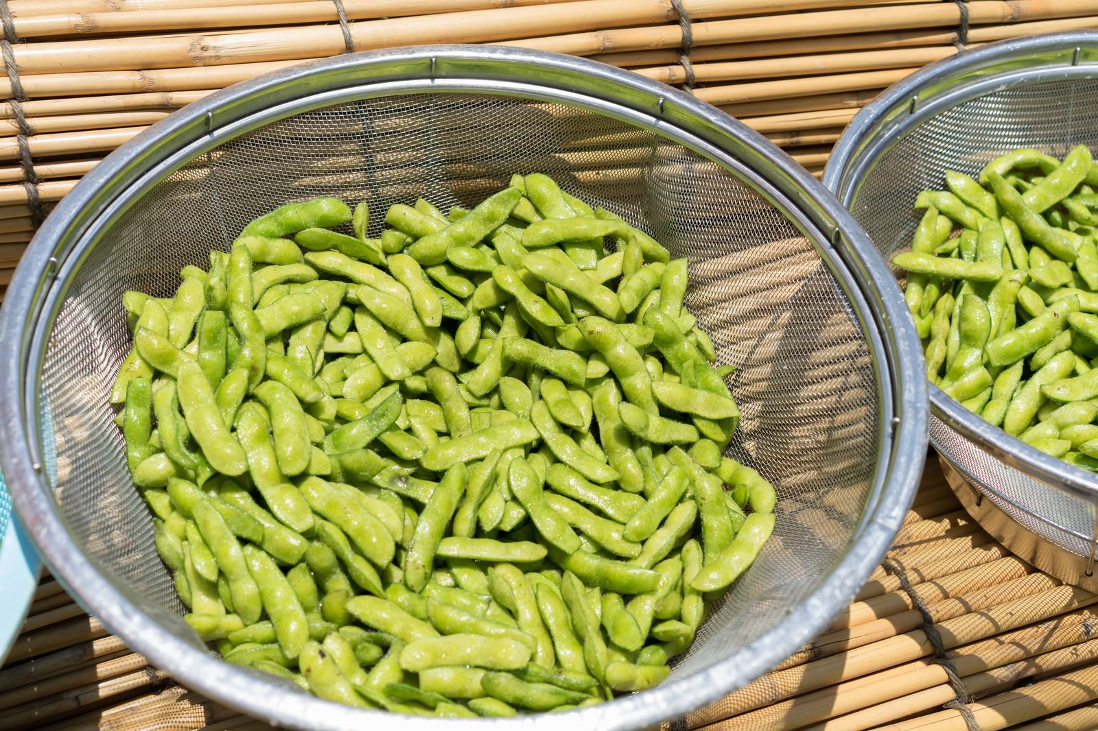 業務用ザルに入った大量の枝豆