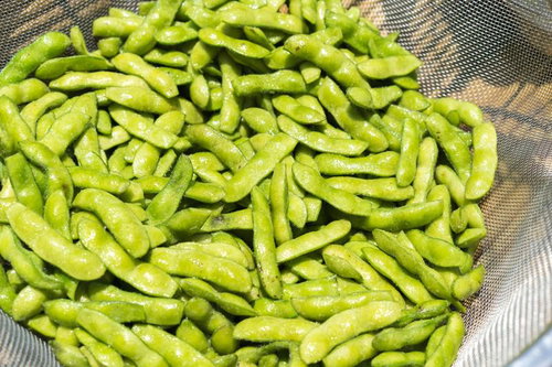 竹製のザルに盛られた収穫したばかりの枝豆