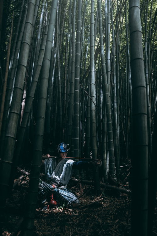 木漏れ日を浴びながら竹林で大弓を引く野盗