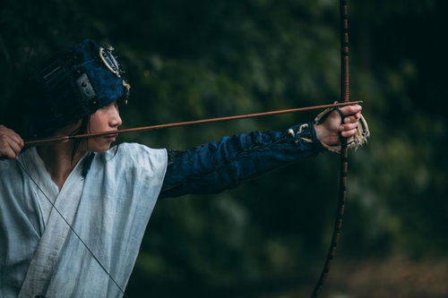 白い着物姿で大きく弓を引く野盗の男性