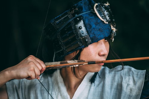 青紋の甲冑に身を包み弓を引く野盗の横顔姿