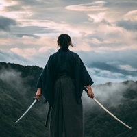 御霊櫃峠で空を背に二刀流を構える侍の用心棒の写真