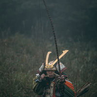 深緑の藪に隠れて弓を引き獲物を狙う武士の戦闘姿の写真