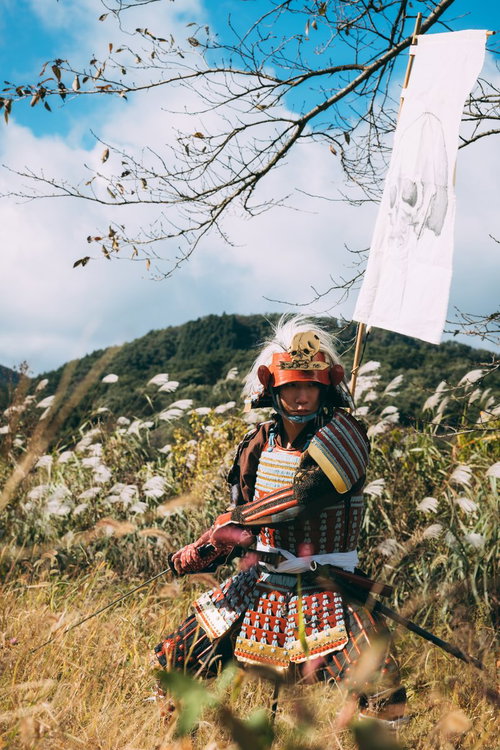 ススキ原で応戦する武士の当世具足姿と日本刀の戦闘シーン