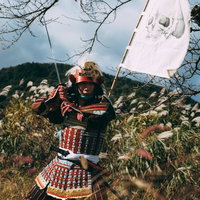 秋のススキ原で刀を振るう赤い当世具足の武士の写真