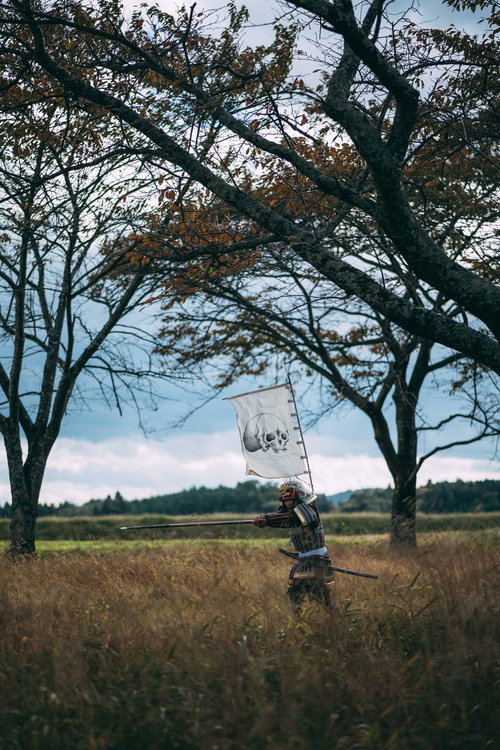 草むらで長槍を構える戦国時代の武士 当世具足に身を包んだ姿