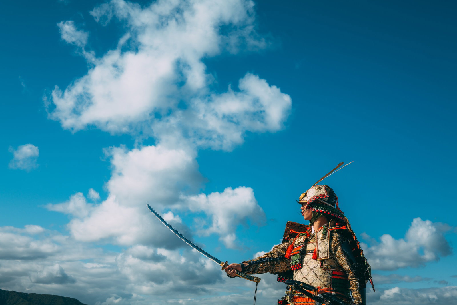青空を背景に日本刀を掲げる大鎧姿の男性武士［モデル：まーこ］