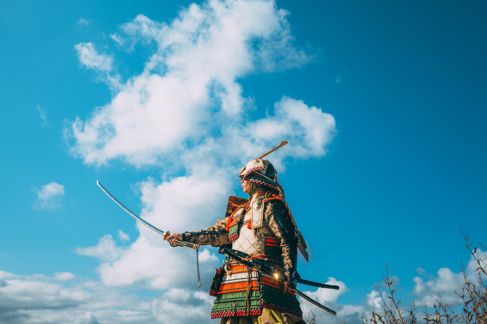 青空の下で刀を構える鎧兜姿の戦国武将［モデル：まーこ］