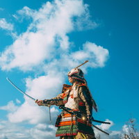 青空の下で刀を構える戦国武将の凛々しい姿の写真