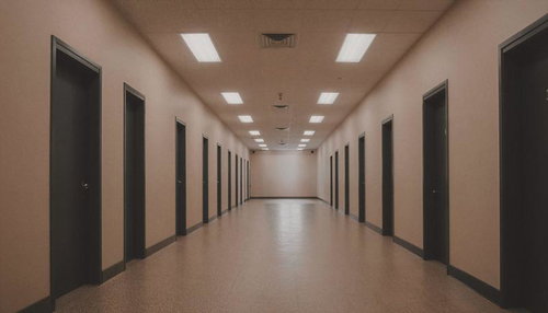 黒いドアが左右対称に並ぶ廊下風の不気味で静寂に満ちた空間