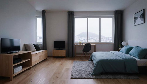 窓からの眺望を活かしたベッド配置のホテル風モダン客室