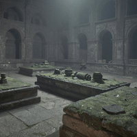 苔むした遺物が散らばるダンジョン風の地下遺跡と古い廃墟の写真