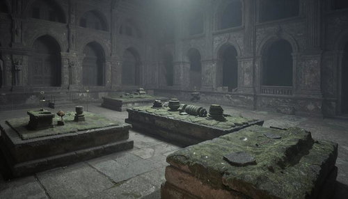 苔むした遺物が散らばるダンジョン風の地下遺跡と古い廃墟