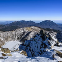 日光白根山の山頂から見下ろす凍結した五色沼と男体山のパノラマの写真