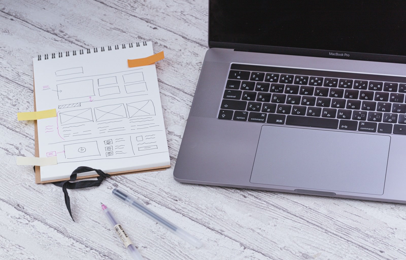 白い木目調のデスクに置かれた銀色のMacbook Proとオレンジ色の付箋紙が貼られたメモ用紙