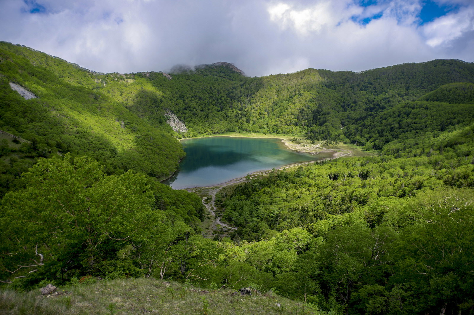 前白根山から見下ろす五色沼と周囲の緑豊かな山々の風景