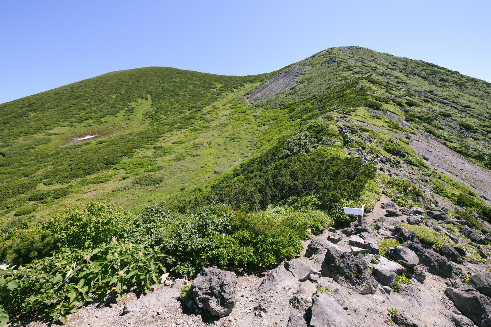 緑の植生と岩肌が見える羊蹄山の山頂へ向かう登山道の風景