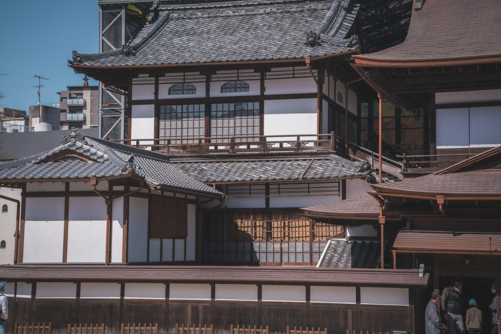 瓦屋根と木製の格子窓を持つ道後温泉街の和風建築物の外観