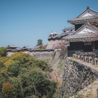 松山城の石垣と瓦葺き城壁、積み重ねられた切石と白漆喰の城郭建築の写真