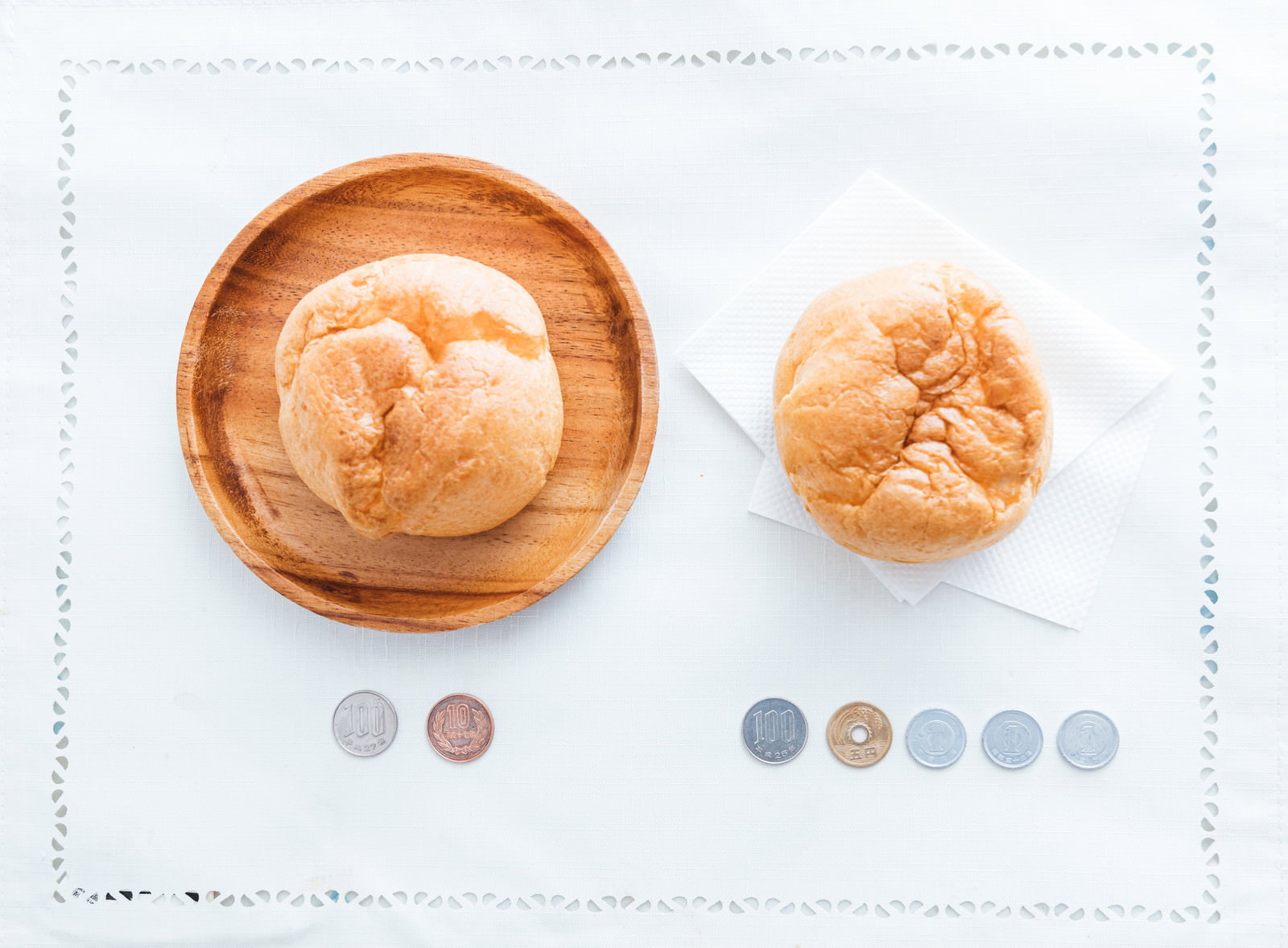 木製トレーに載せられたドーナッツと軽減税率・標準税率を表すコイン