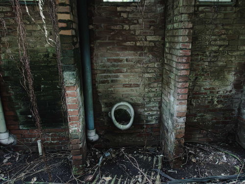 炭鉱跡地に残る苔むした小便器と崩落する男子便所