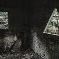 三角形や四角形の窓枠がある廃屋の内部から見た風景の写真