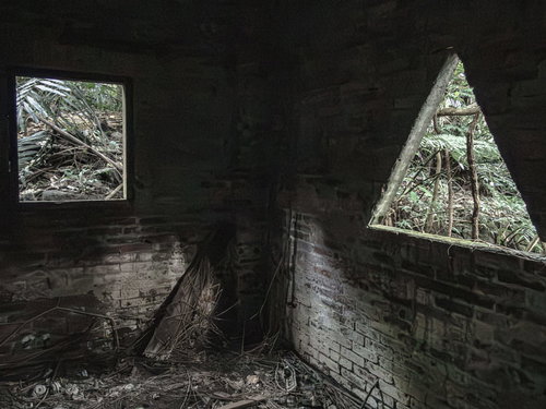三角形や四角形の窓枠がある廃屋の内部から見た風景