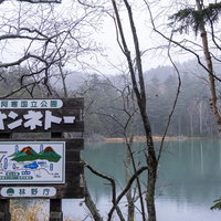 北海道・阿寒国立公園オンネトーの湖畔に設置された案内看板の写真
