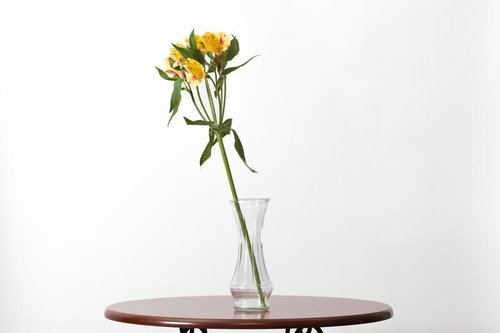 テーブルの上のガラス花瓶に活ける黄色の切り花
