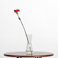 テーブルに飾られたカーネーション一輪挿しの花瓶の写真