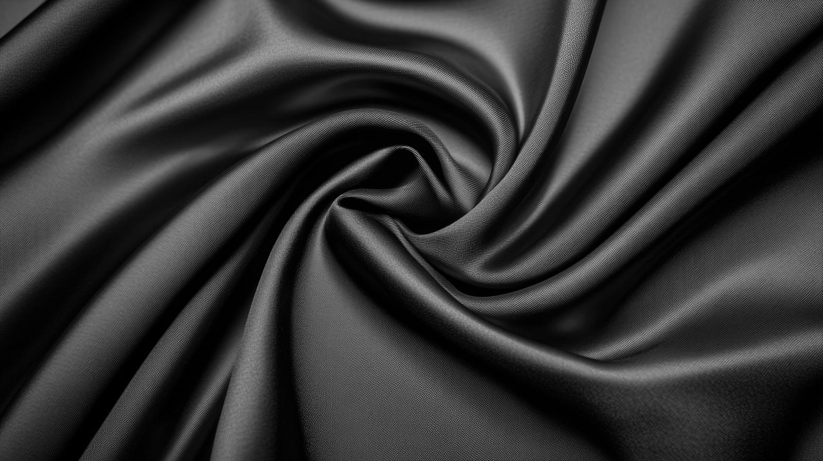 黒いサテン生地の流れるドレープとうねりのテクスチャー