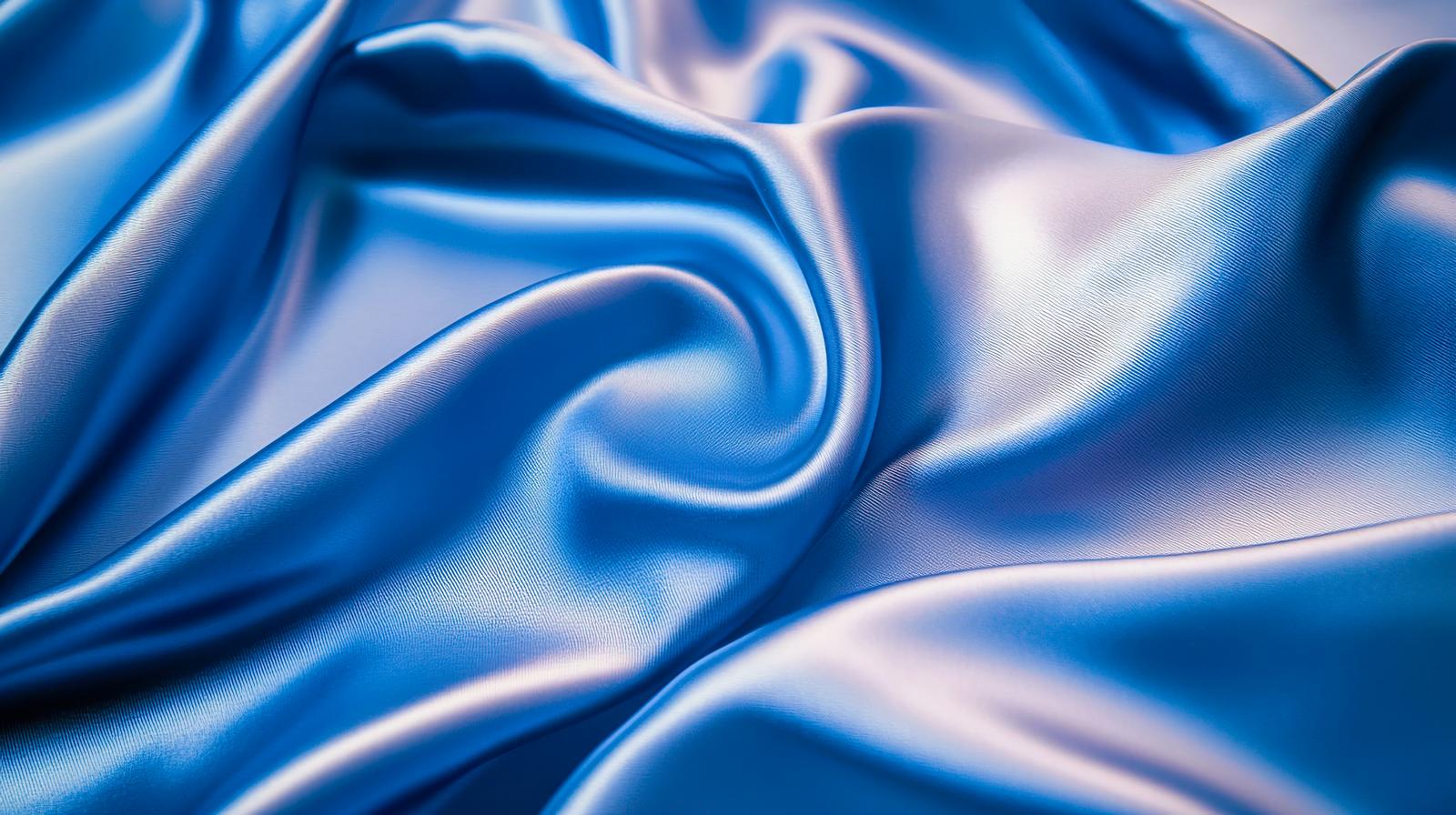 光沢あるサテン素材の青い布が曲線状にドレープした質感表現