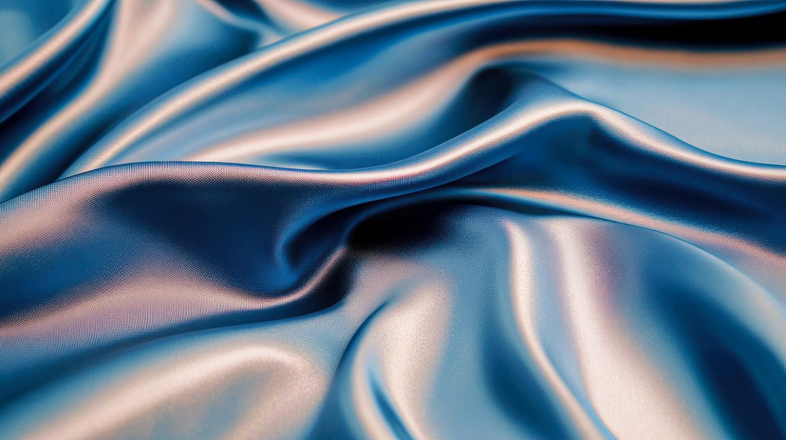 光を反射するブルーのサテン生地が波状にドレープした様子
