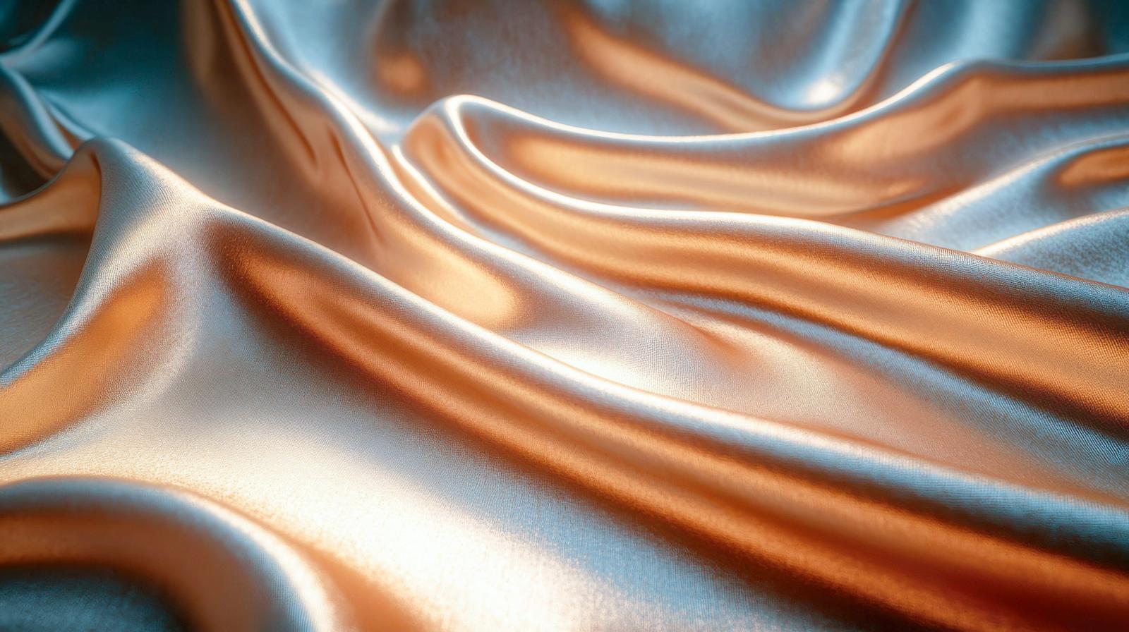 光沢のあるカッパー色とシルバー色のサテン生地が流れるようにドレープした質感