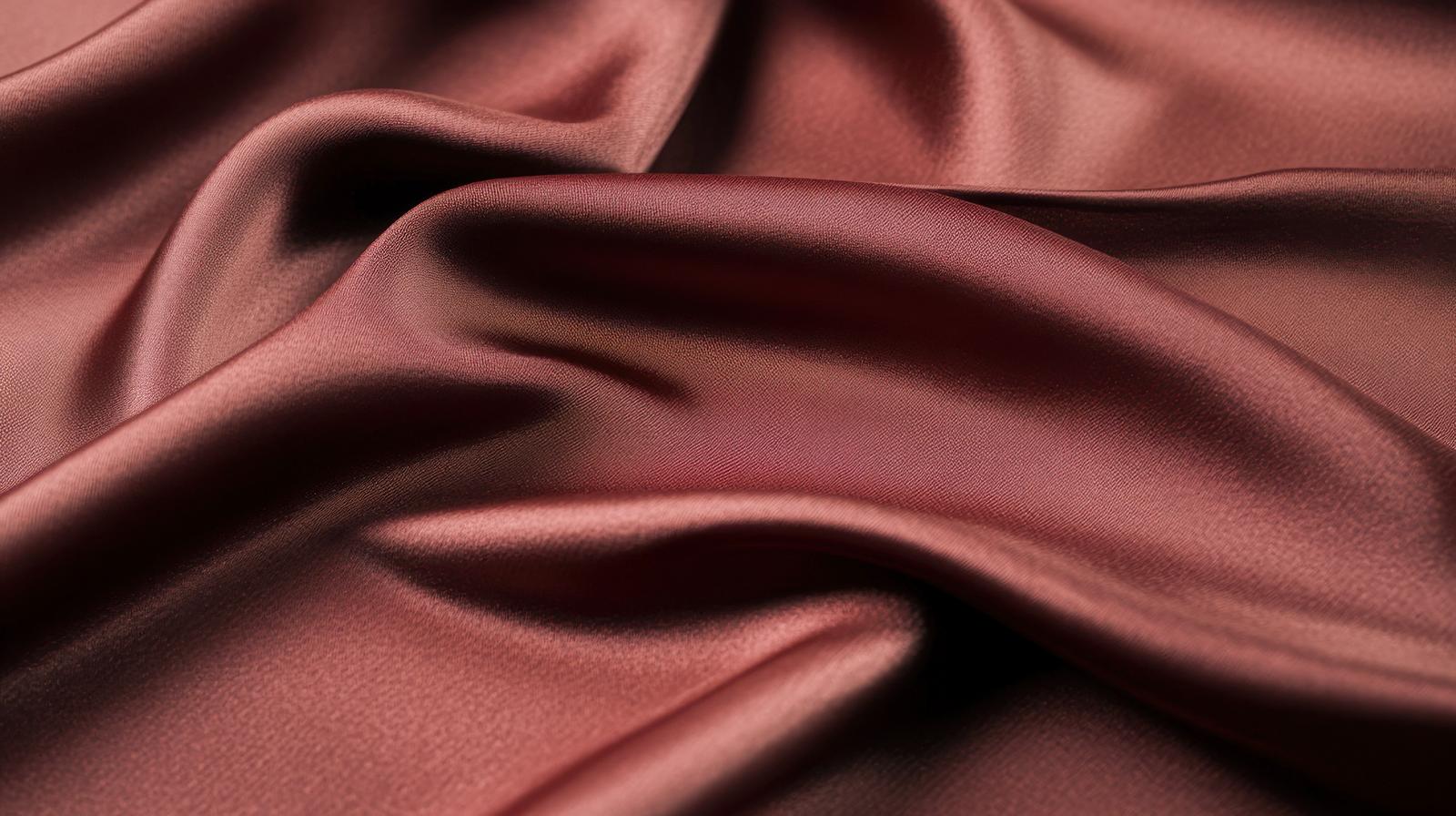 波状にドレープした深みのある赤茶色のサテン生地