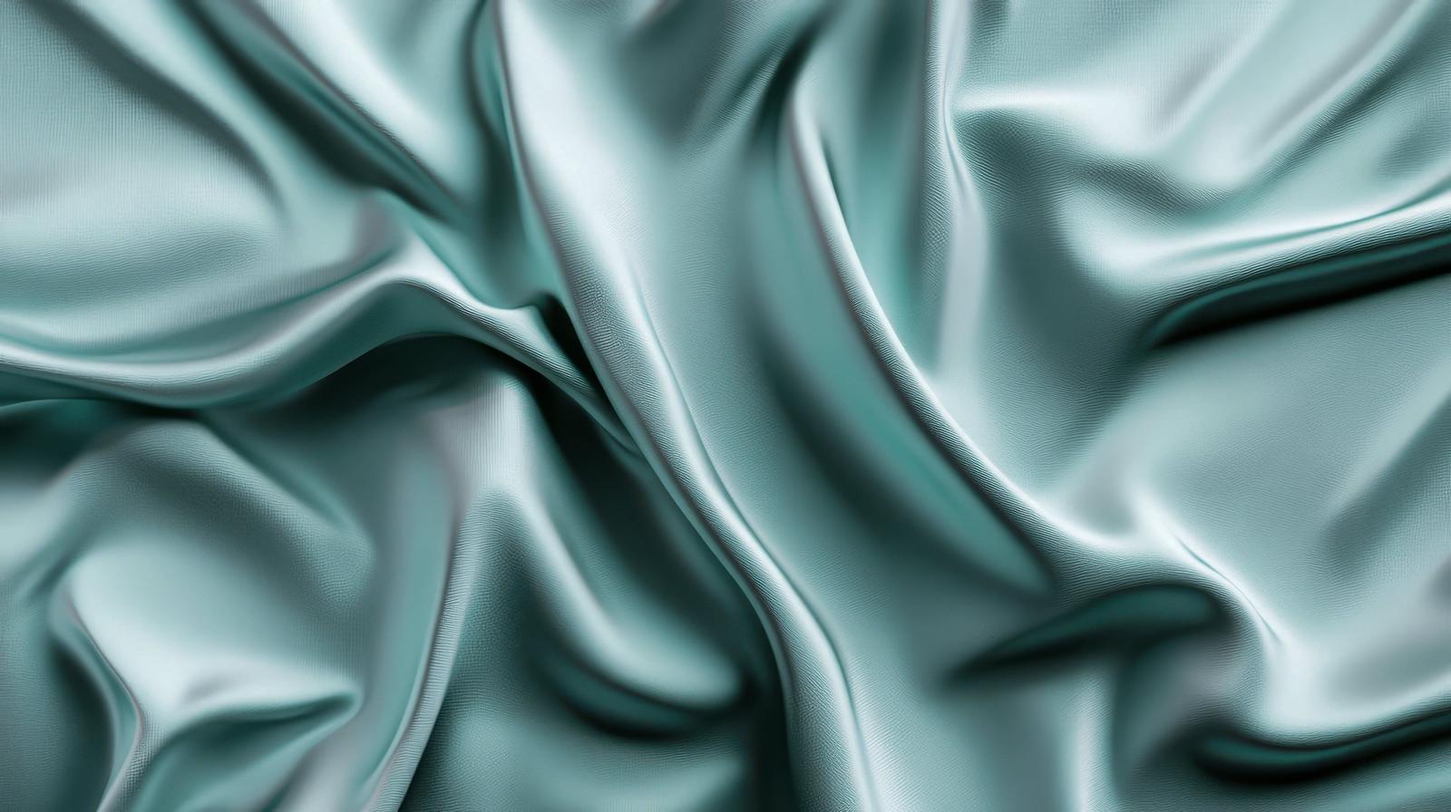 光沢のあるミントグリーンのサテン生地がドレープを形成している様子