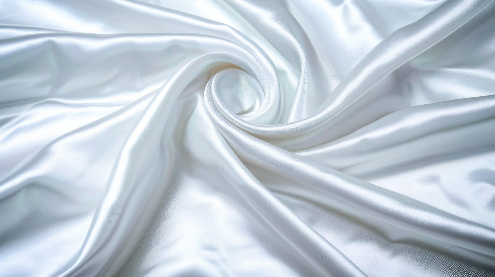 光が反射する白いサテン生地のドレープと螺旋状の折り目